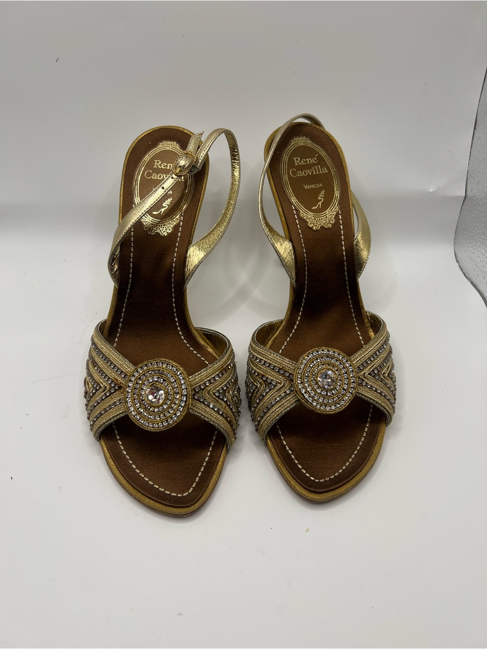 Rene Caovilla Gold Crystal Medallion Slingback Heels - Picture 5 of 15